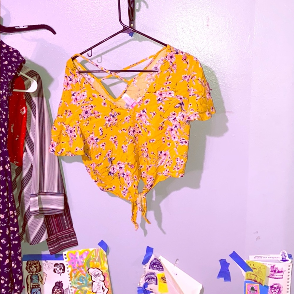 Yellow Floral Front Tie Top